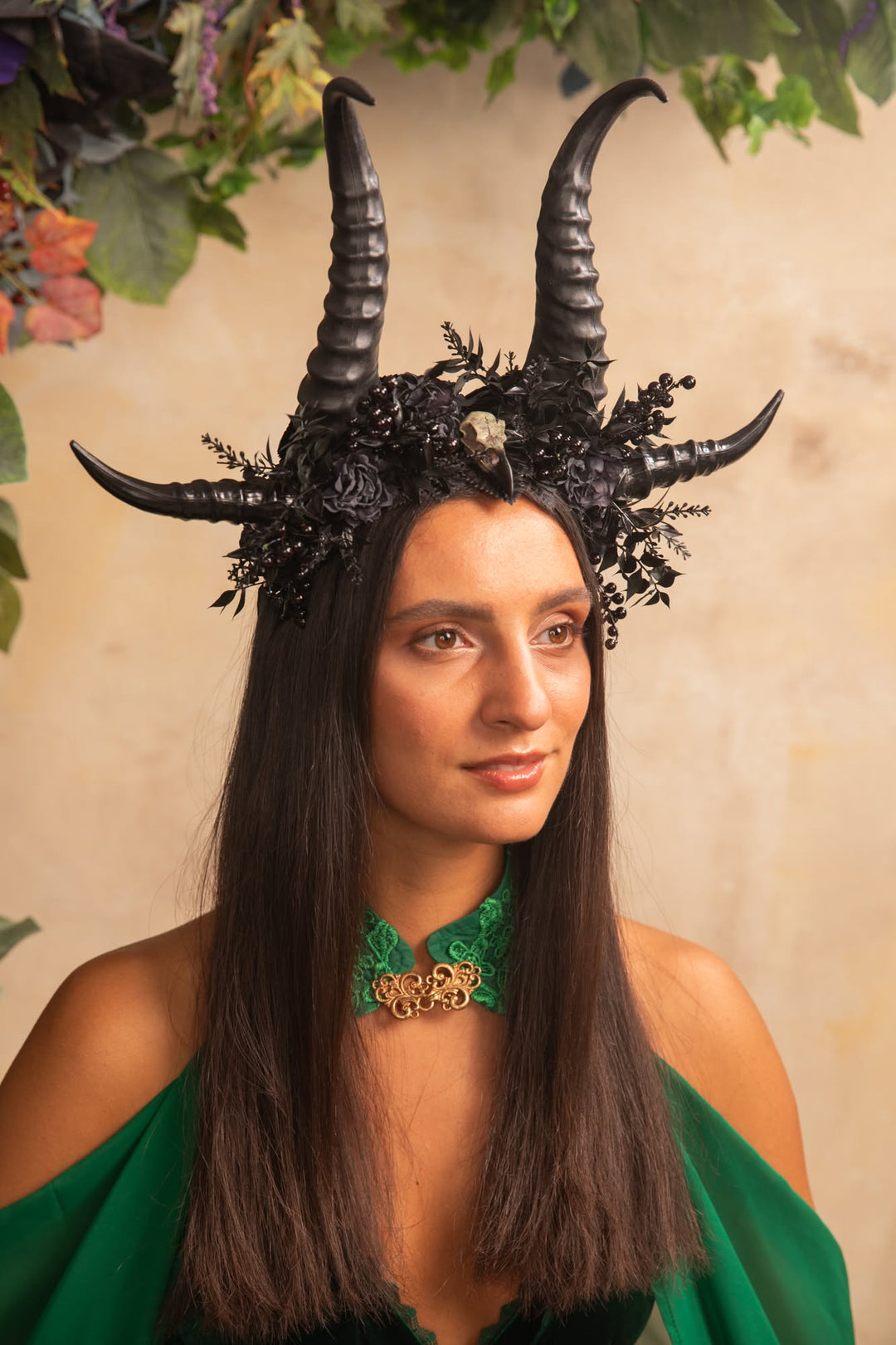 Black Horn Headband with Flowers for a Forest Witch – handmade floral hair accessory by magaela