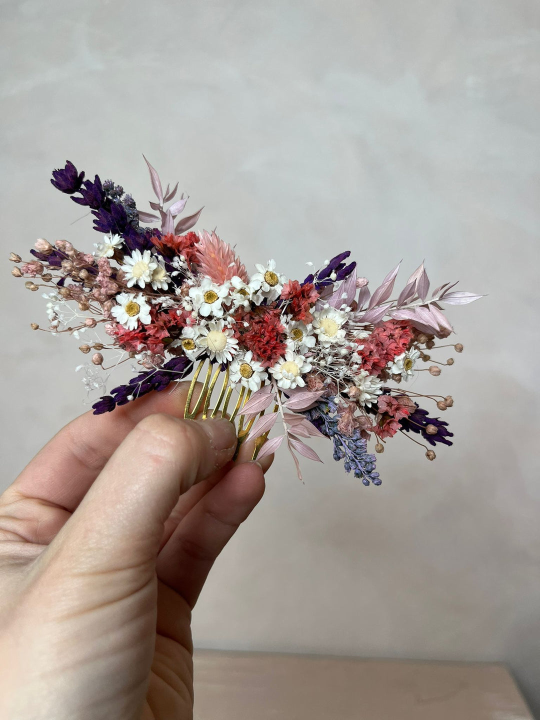 Dried Flower Bridal Hair Comb with Preserved Botanicals in Purple, Pink and White