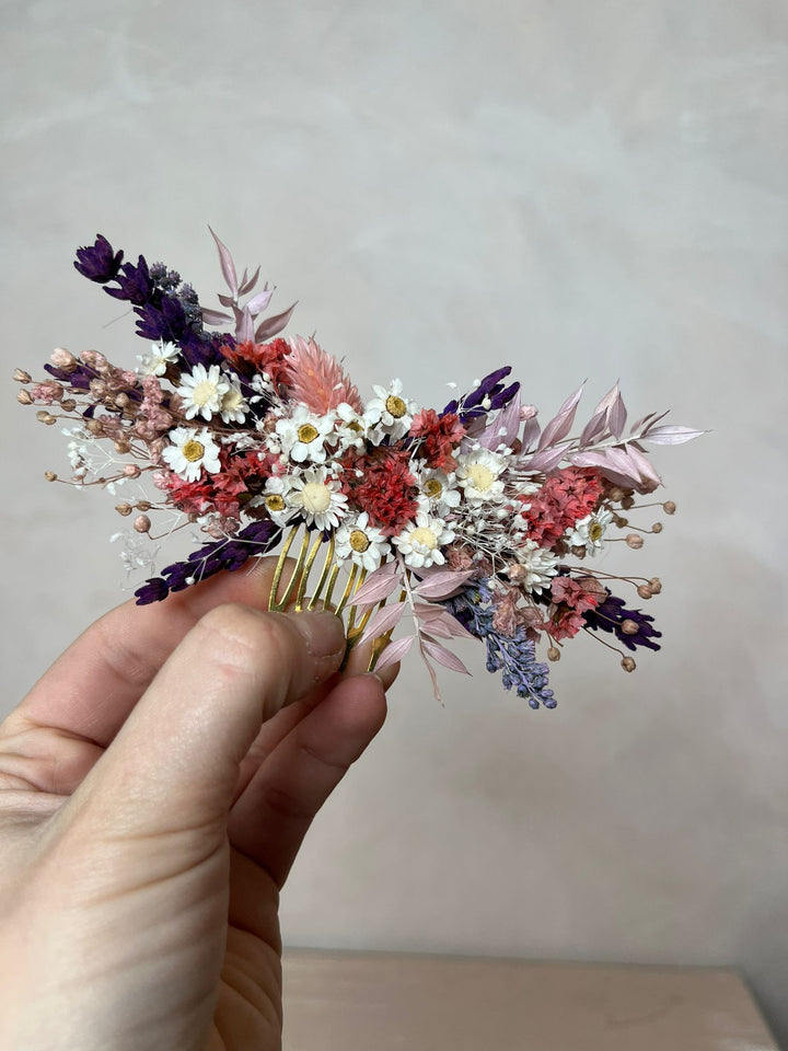 Dried Flower Bridal Hair Comb with Preserved Botanicals in Purple, Pink and White