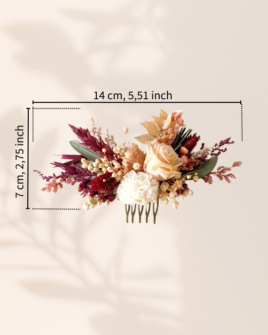 Hrebeň do vlasov zo sušených kvetov na jesennú svadbu | Ruža, Dahlia, Ruscus a Gypsophila