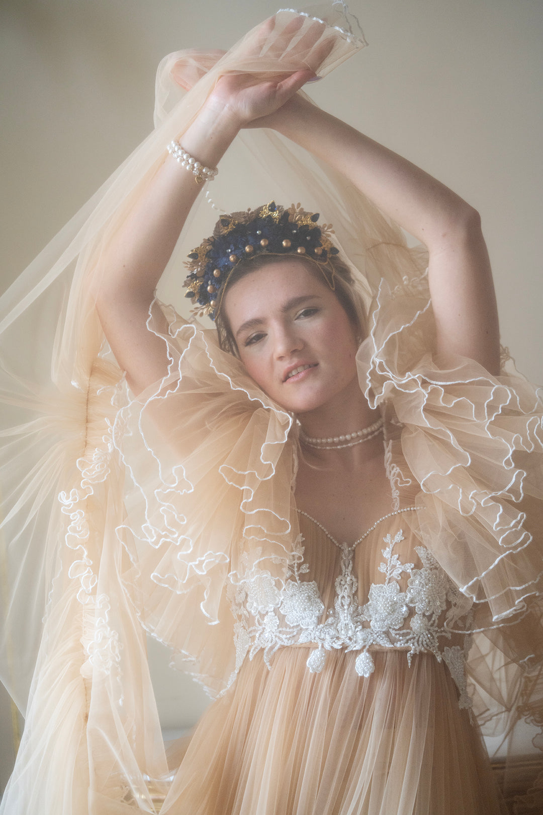 Royal Blue Gold Crown Headband: Glam Wedding Hair Jewelry – handmade floral hair accessory by magaela