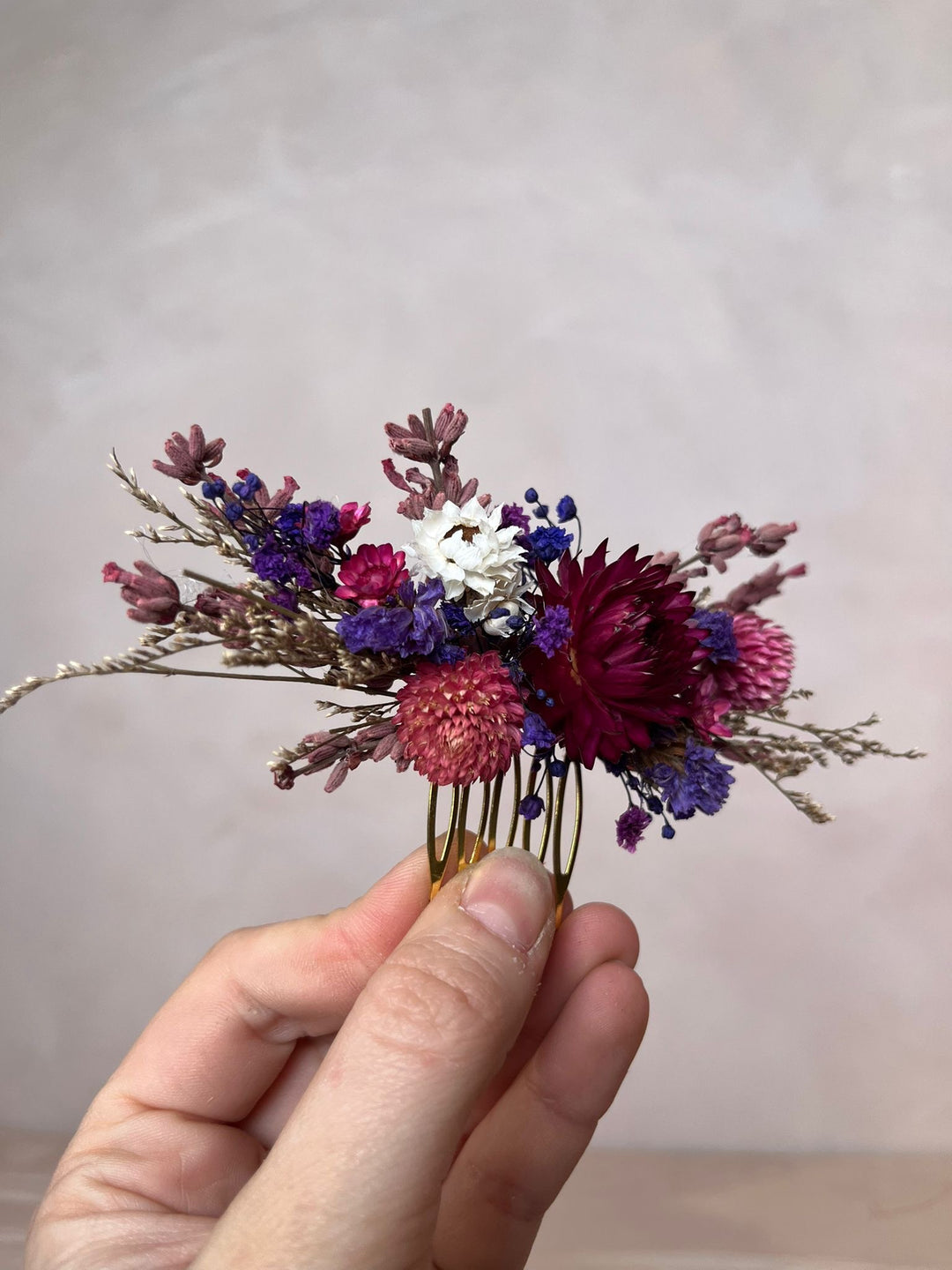 Dried Flower Hair Comb with Statice, Lavander and Chrysanthemums – handmade floral hair accessory by magaela