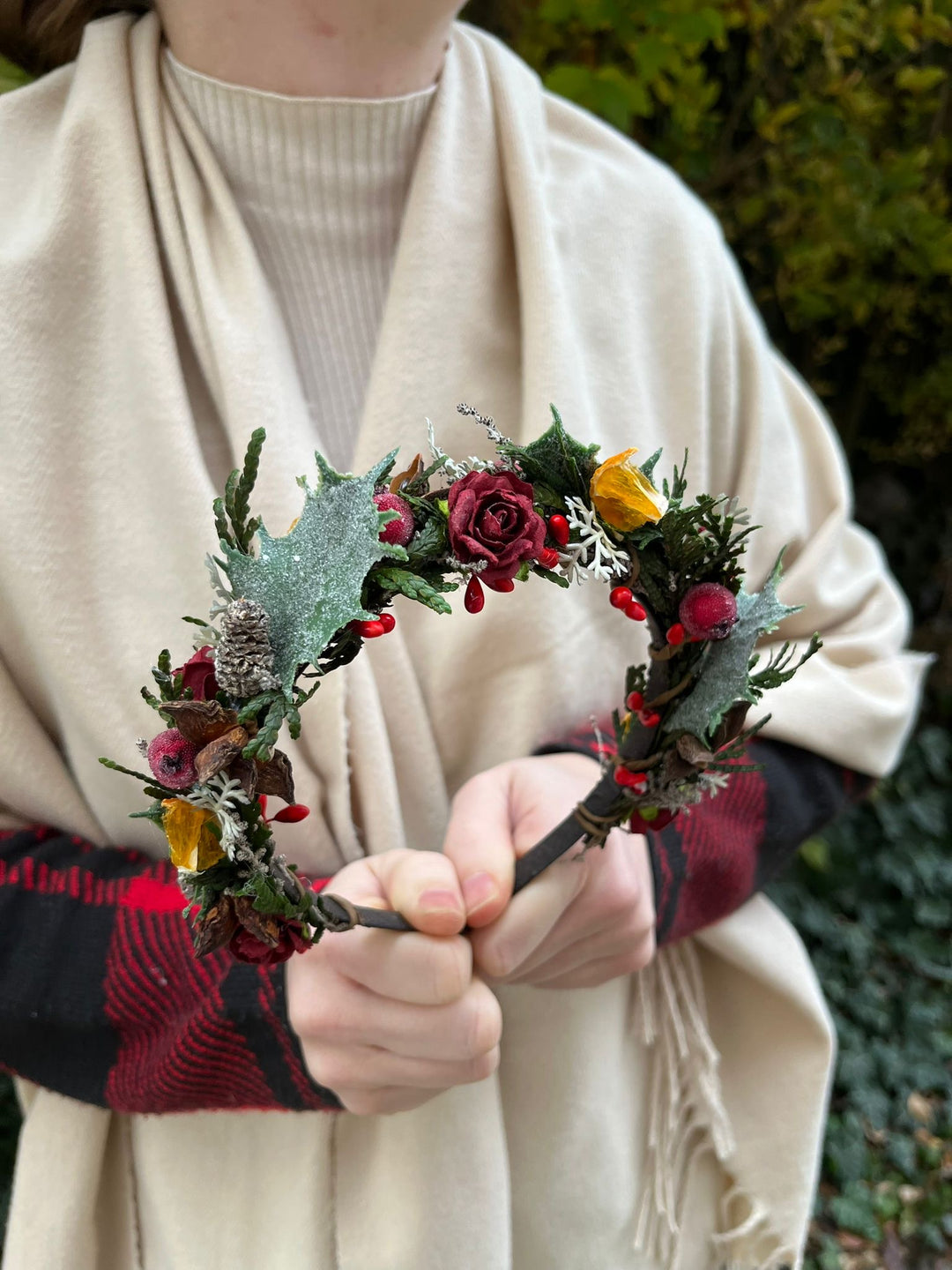 Winter Orange Christmas Accessories – Earrings, Headbands, Brooch & Glass Decorations – handmade floral hair accessory by magaela
