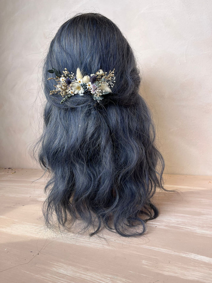 Dried Flower Bridal Hair Comb with Daisies, Thistles and Eucalyptus in Blue, White and Green