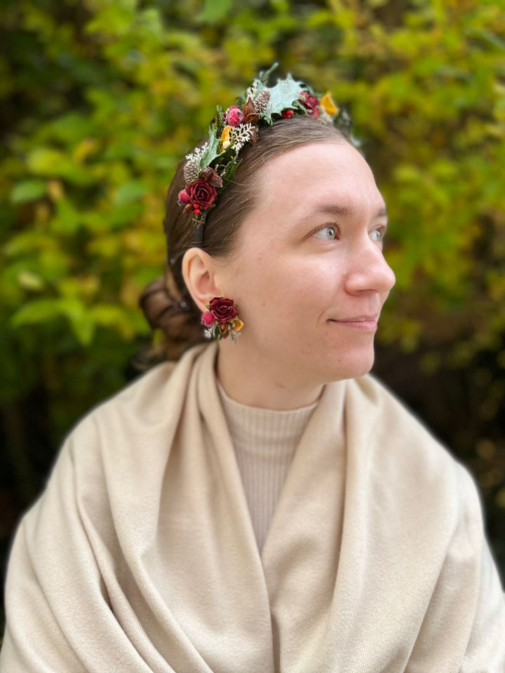 Winter Orange Christmas Accessories – Earrings, Headbands, Brooch & Glass Decorations – handmade floral hair accessory by magaela