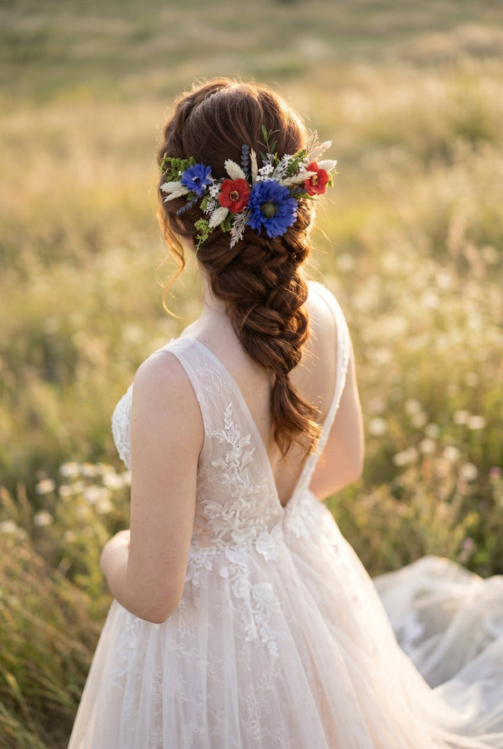 Meadow Wedding Hair Vine – Poppy & Cornflower Bridal Hair Comb – handmade floral hair accessory by magaela