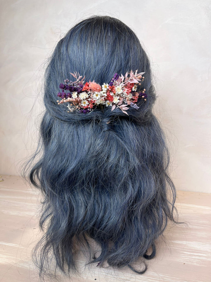 Dried Flower Bridal Hair Comb with Preserved Botanicals in Purple, Pink and White