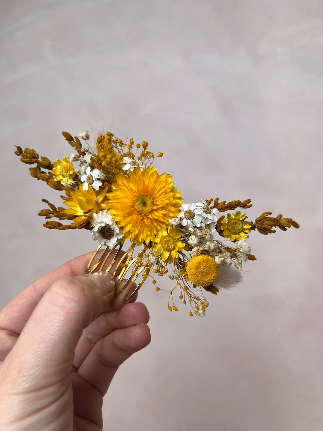 Dried Flower Bridal Hair Comb with Yellow Dried Flowers,Bunny Tails, Billy Buttons and Gypsophila in Yellow and White