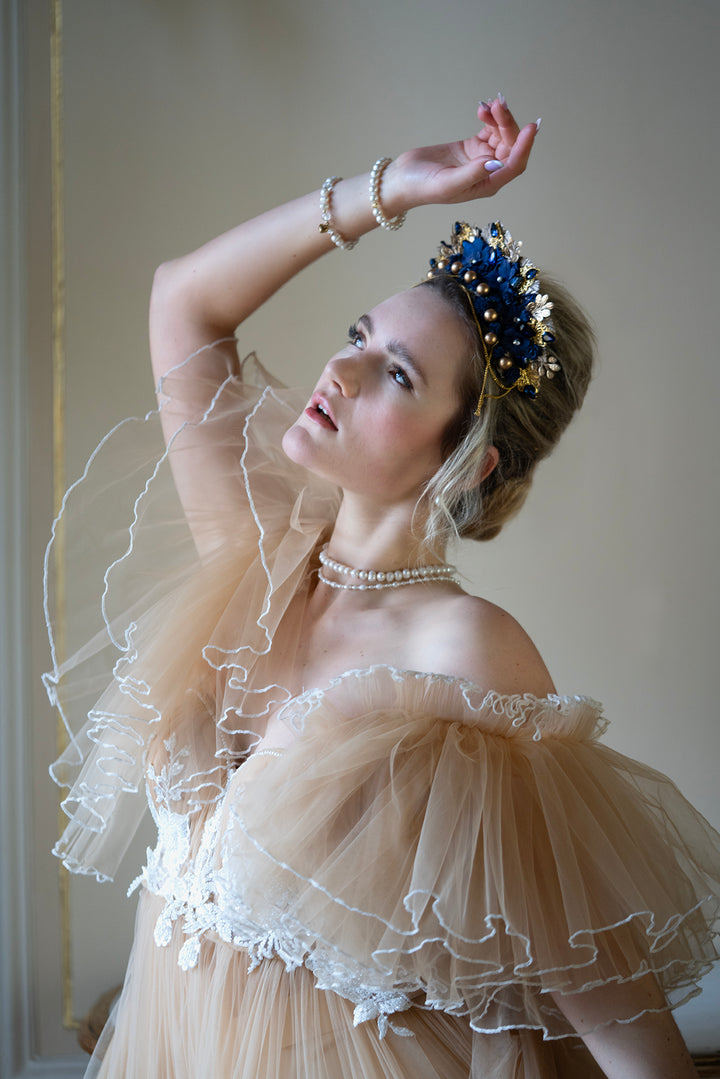 Royal Blue Gold Crown Headband: Glam Wedding Hair Jewelry – handmade floral hair accessory by magaela