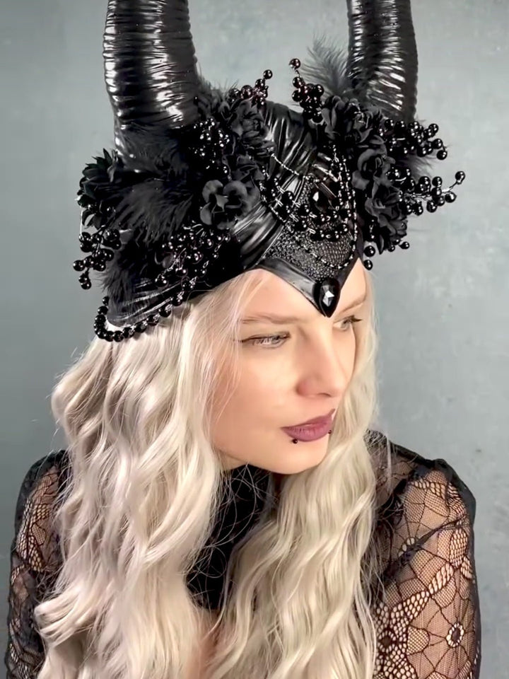 Black Horn Crown | Maleficent Inspired Halloween Headpiece – handmade floral hair accessory by magaela