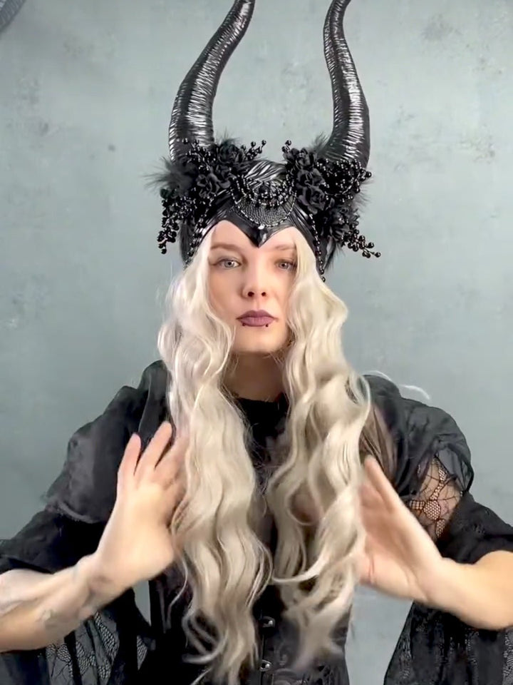 Black Horn Crown | Maleficent Inspired Halloween Headpiece – handmade floral hair accessory by magaela