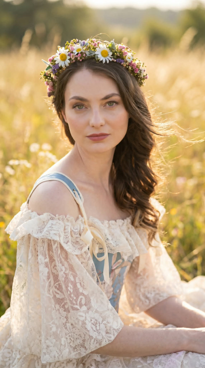 Daisy Flower Crown: Meadow Bridal Hair Half Wreath – handmade floral hair accessory by magaela