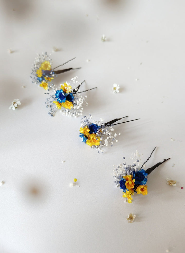 Blue & Yellow Flower Hairpins: Preserved Floral Bridal Hair Accessories – handmade floral hair accessory by magaela