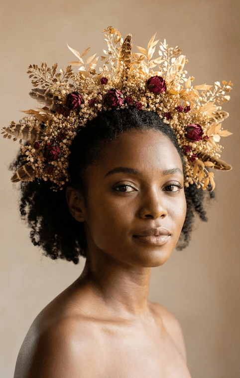 Woman wearing a decorative burgundy and cream floral headpiece against a neutral background