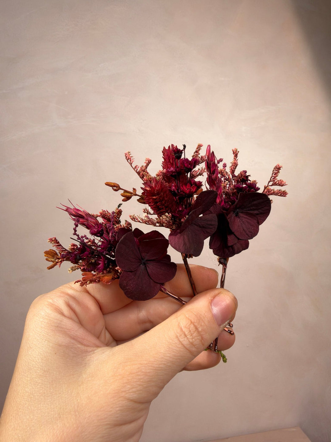 Burgundy Hydrangea Hair Pins | Bridal Hair Accessories – handmade floral hair accessory by magaela
