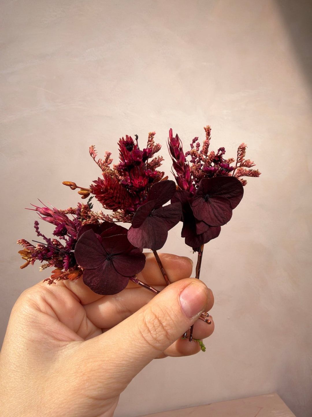 Burgundy Hydrangea Hair Pins | Bridal Hair Accessories – handmade floral hair accessory by magaela