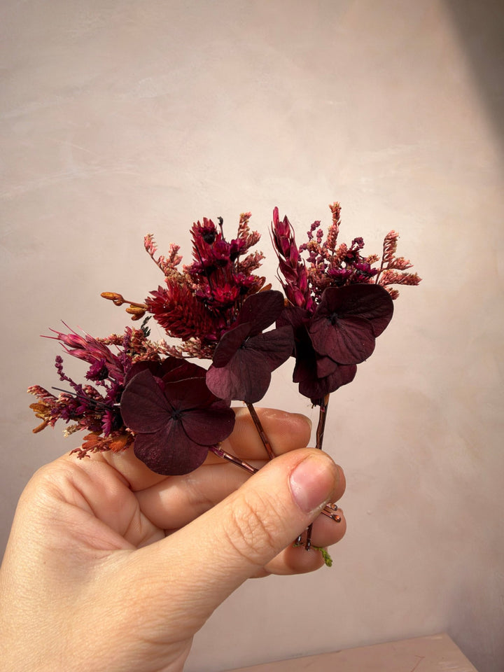 Burgundy Hydrangea Hair Pins | Bridal Hair Accessories – handmade floral hair accessory by magaela
