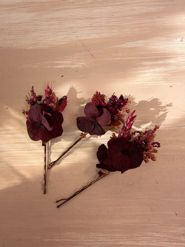Burgundy Hydrangea Hair Pins | Bridal Hair Accessories – handmade floral hair accessory by magaela