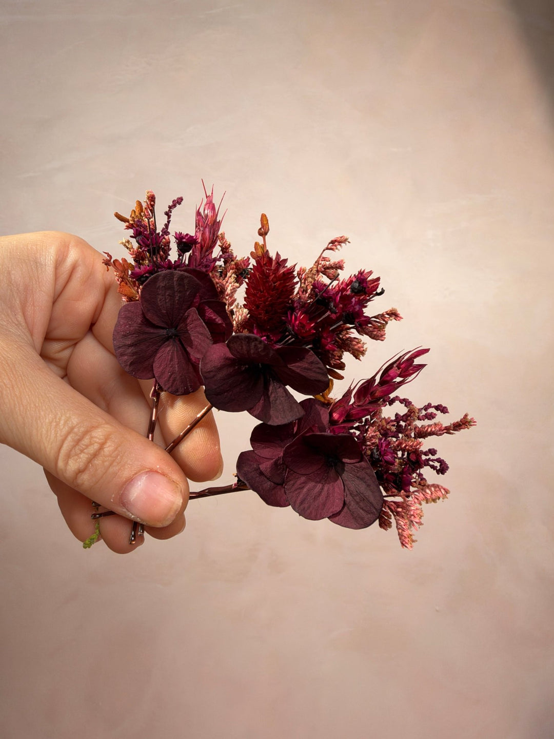 Burgundy Hydrangea Hair Pins | Bridal Hair Accessories – handmade floral hair accessory by magaela