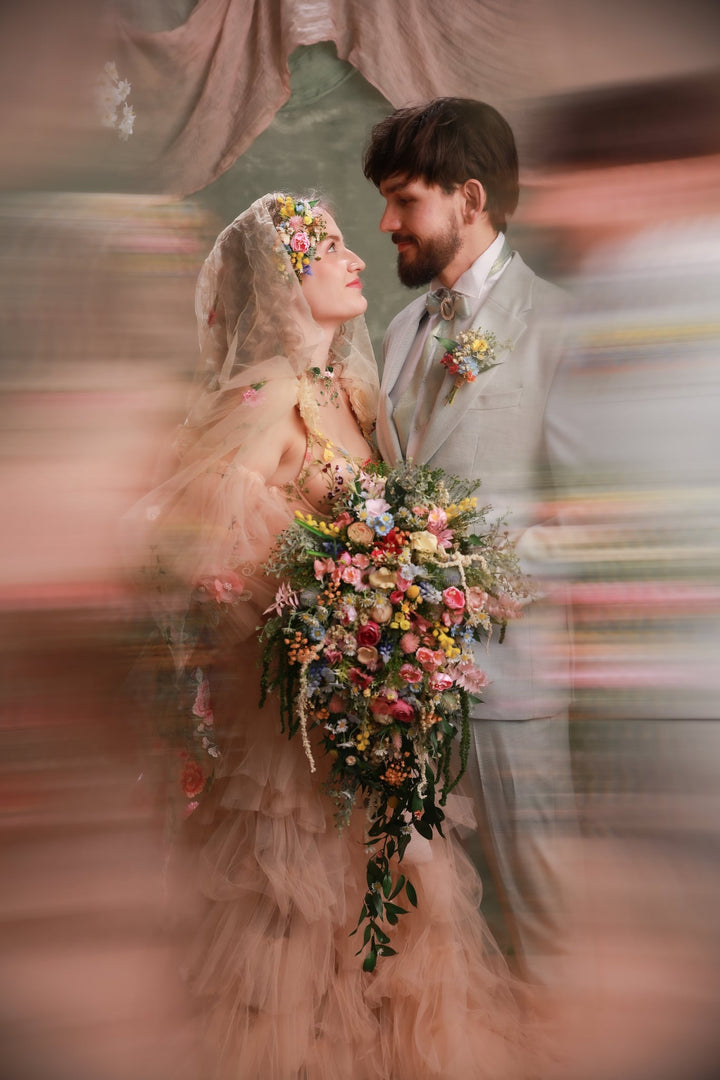 Cascading Wildflower Bridal Bouquet – Vintage Bridgerton Inspired Wedding Bouquet – handmade floral hair accessory by magaela