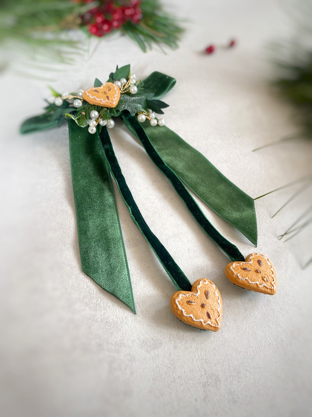 Green Christmas Hair Bow | Gingerbread Hearts and Optional Pearl Veil
