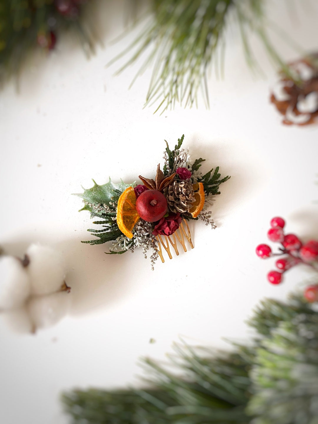 Christmas Floral Hair Comb | Burgundy Roses and Orange Details – handmade floral hair accessory by magaela