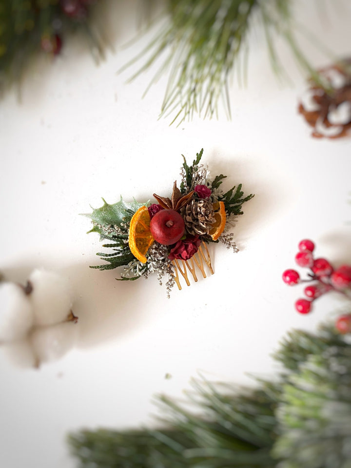 Christmas Floral Hair Comb | Burgundy Roses and Orange Details – handmade floral hair accessory by magaela