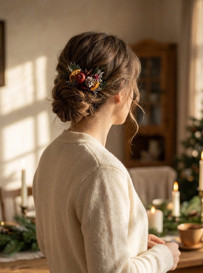 Christmas Floral Hair Comb | Burgundy Roses and Orange Details – handmade floral hair accessory by magaela