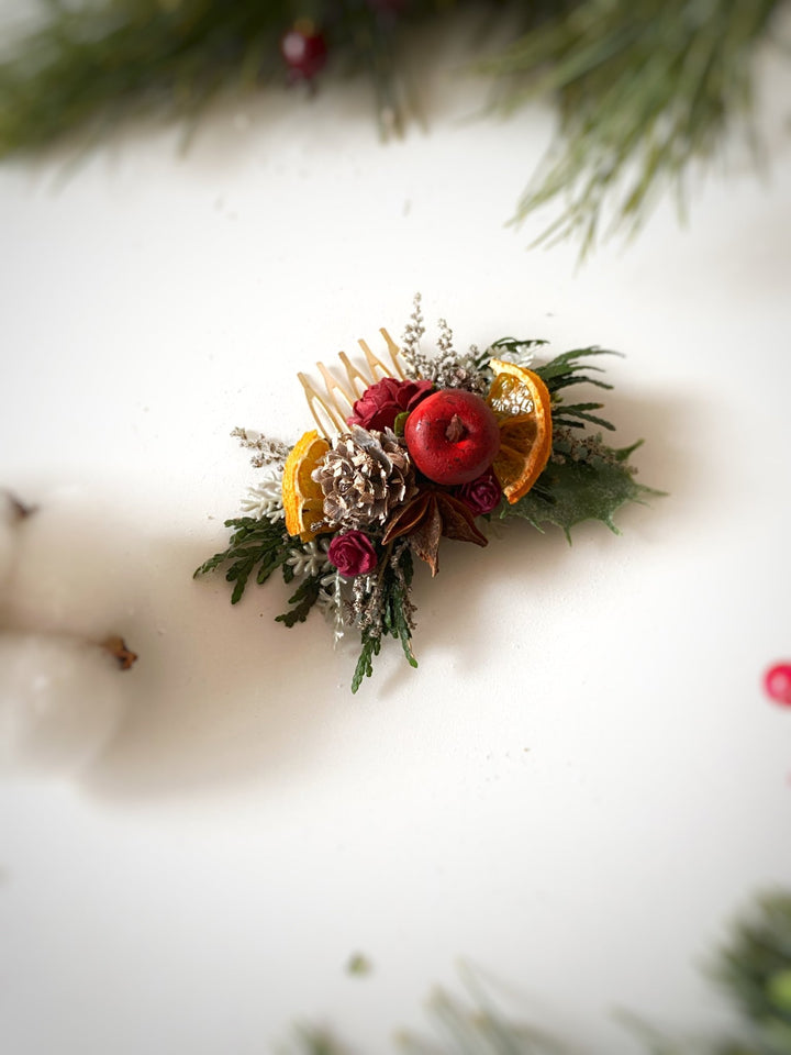 Christmas Floral Hair Comb | Burgundy Roses and Orange Details – handmade floral hair accessory by magaela