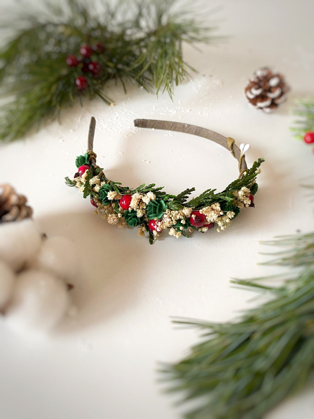 Christmas Green Rose and Rose Hip Headband | Woodland Charm – handmade floral hair accessory by magaela