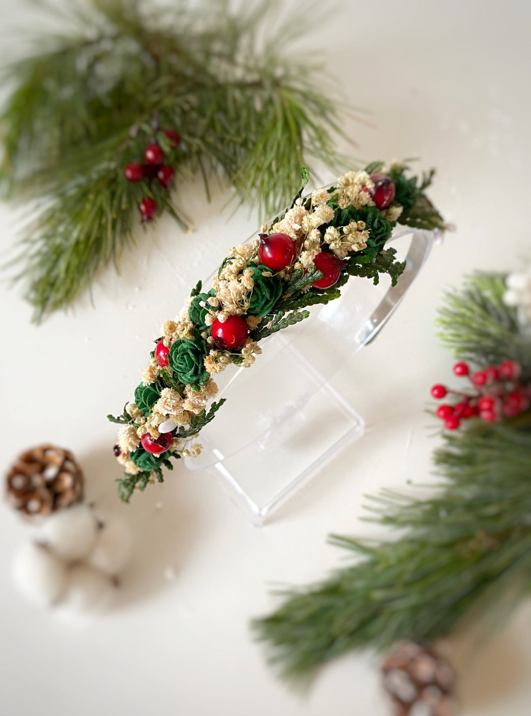 Christmas Green Rose and Rose Hip Headband | Woodland Charm – handmade floral hair accessory by magaela