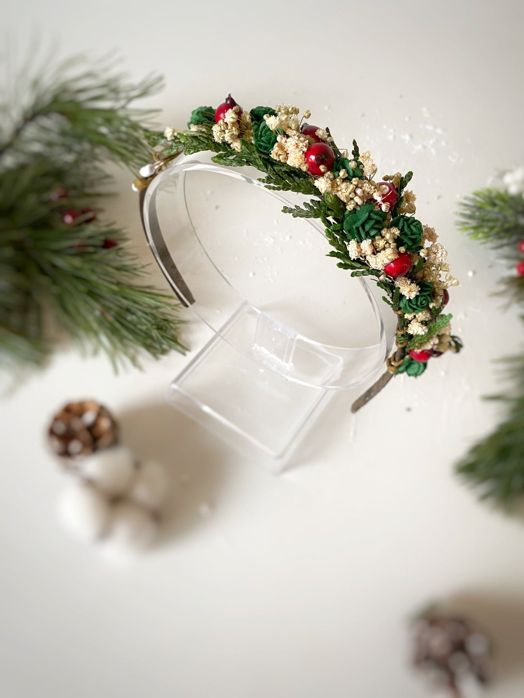 Christmas Green Rose and Rose Hip Headband | Woodland Charm – handmade floral hair accessory by magaela