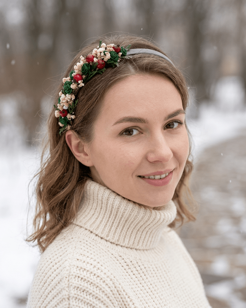 Christmas Green Rose and Rose Hip Headband | Woodland Charm – handmade floral hair accessory by magaela