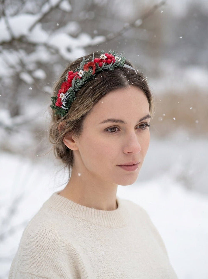 Christmas Poppy and Red Berry Headband | Frosted Woodland – handmade floral hair accessory by magaela
