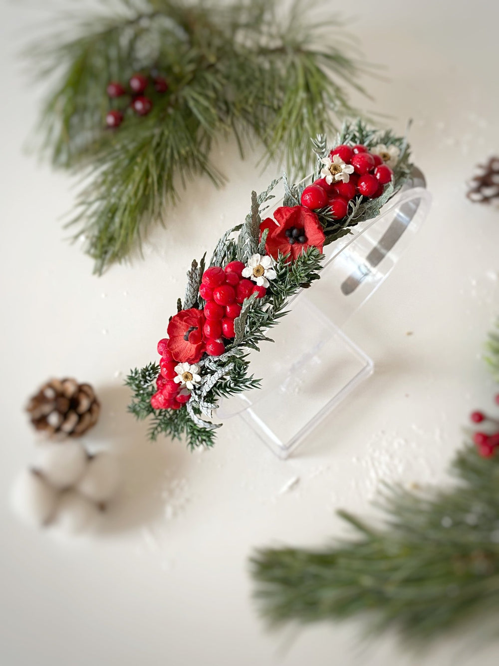 Christmas Poppy and Red Berry Headband | Frosted Woodland – handmade floral hair accessory by magaela