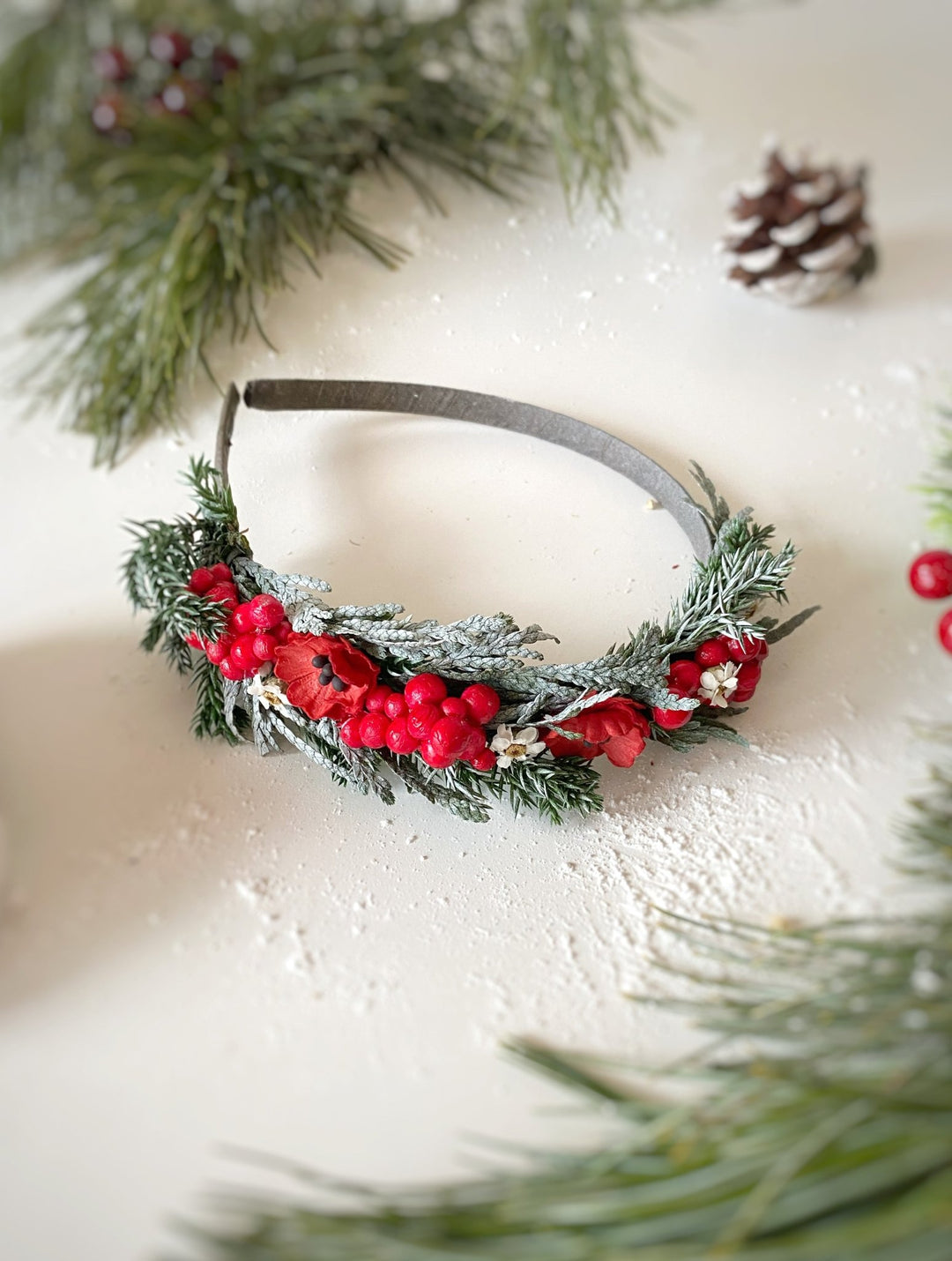 Christmas Poppy and Red Berry Headband | Frosted Woodland – handmade floral hair accessory by magaela