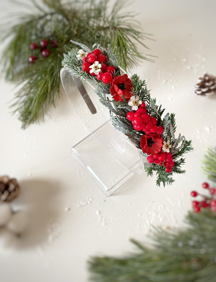 Christmas Poppy and Red Berry Headband | Frosted Woodland – handmade floral hair accessory by magaela