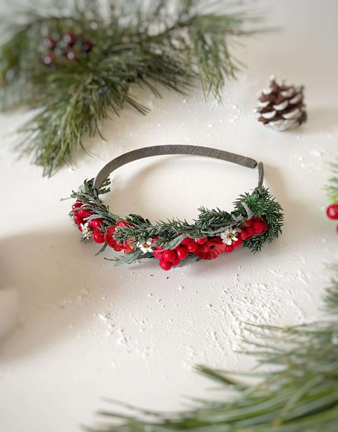 Christmas Poppy and Red Berry Headband | Frosted Woodland – handmade floral hair accessory by magaela