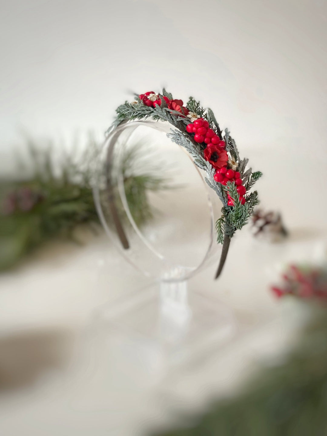 Christmas Poppy and Red Berry Headband | Frosted Woodland – handmade floral hair accessory by magaela