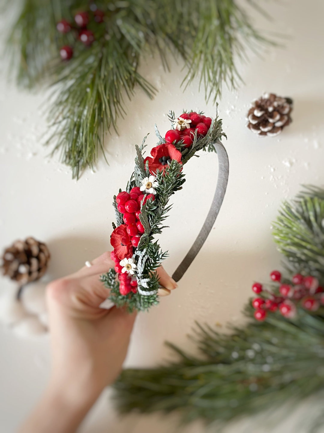 Christmas Poppy and Red Berry Headband | Frosted Woodland – handmade floral hair accessory by magaela