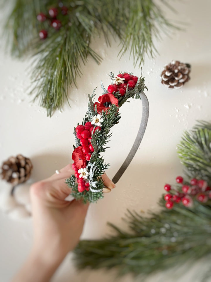 Christmas Poppy and Red Berry Headband | Frosted Woodland – handmade floral hair accessory by magaela