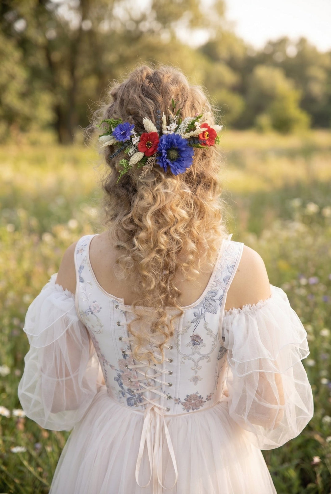 Meadow Wedding Hair Vine – Poppy & Cornflower Bridal Hair Comb – handmade floral hair accessory by magaela