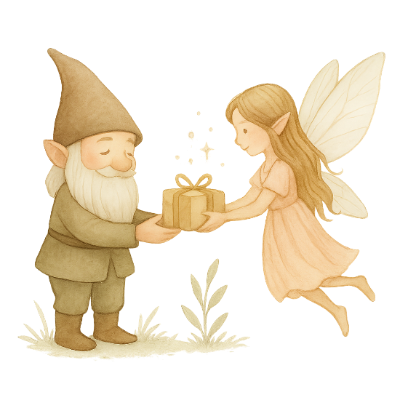 Illustration of a gnome and fairy exchanging a gift box on a white background