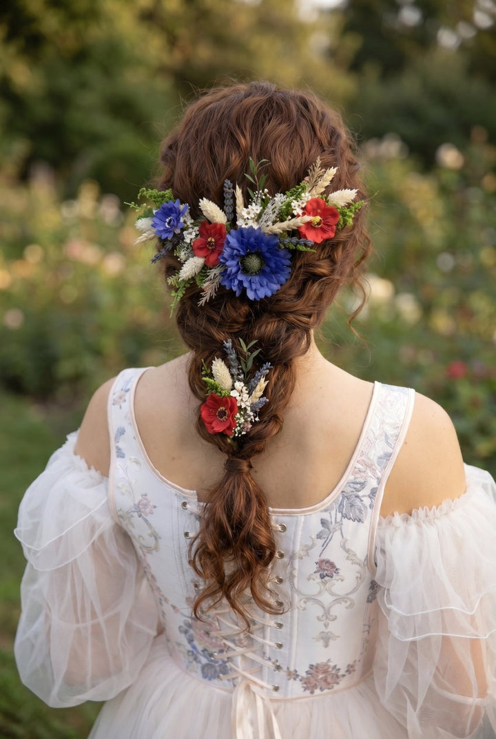 Meadow Wedding Hair Vine – Poppy & Cornflower Bridal Hair Comb – handmade floral hair accessory by magaela