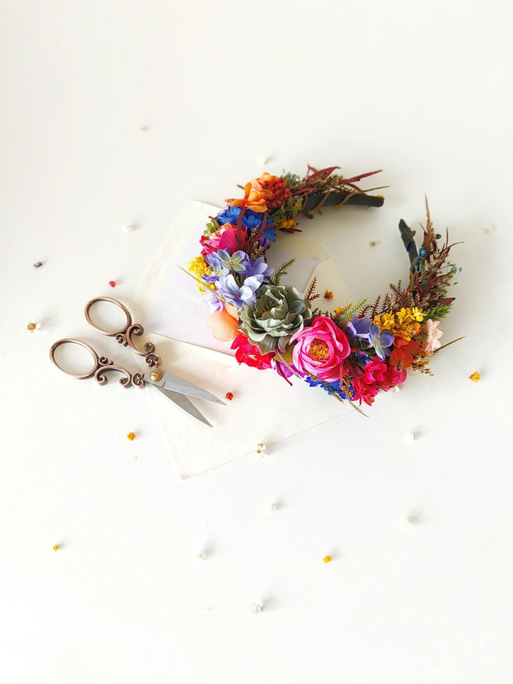 Colorful Floral Headband: Summer Wedding Bridal Headpiece – handmade floral hair accessory by magaela