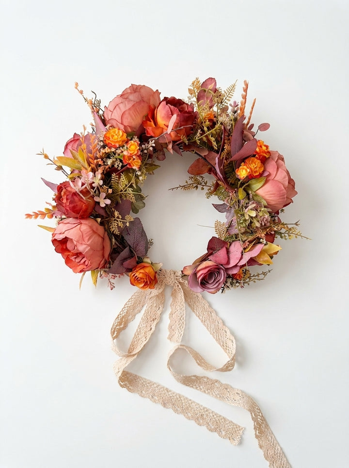An autumn-themed floral wreath featuring dusty pink, terracotta, and orange flowers with green foliage, finished with a long beige lace ribbon bow, photographed against a clean white background.