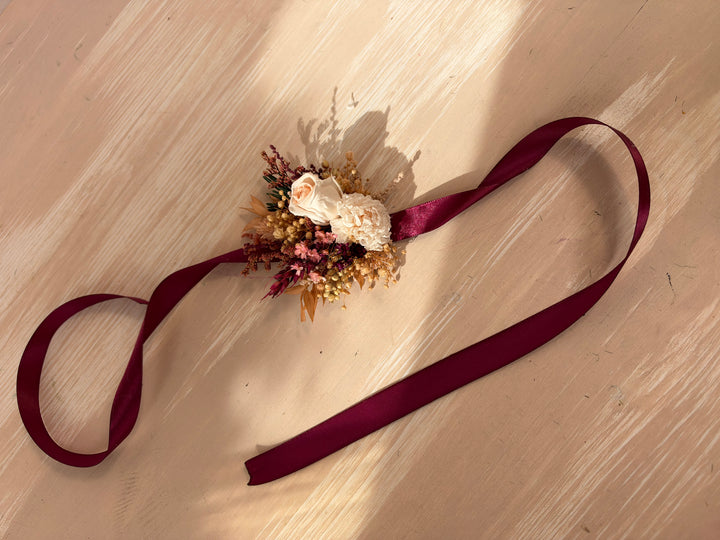 Burgundy and Blush Rose Wrist Corsage Bracelet | Bridal Accessory