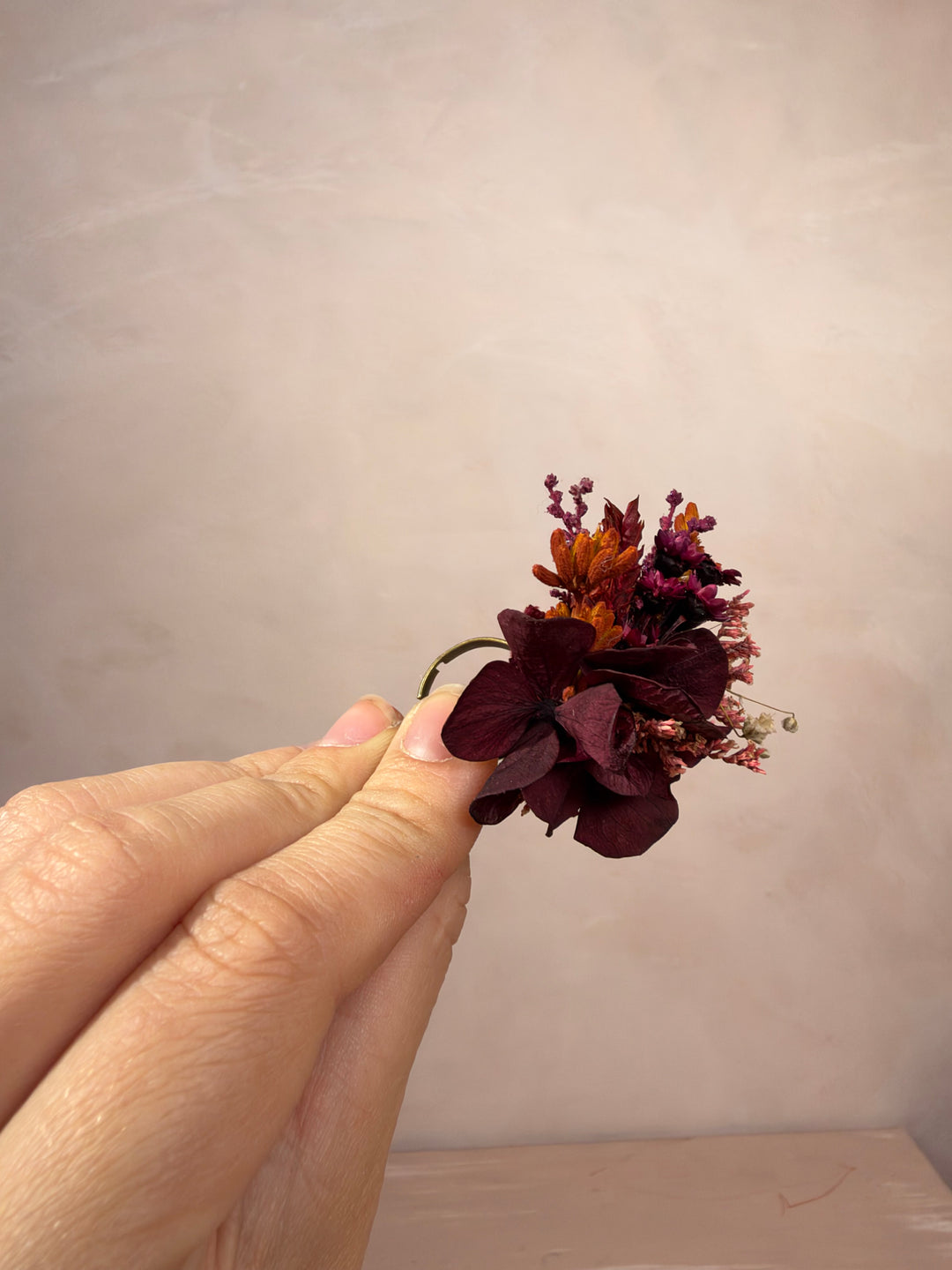 Burgundy Hydrangea Flower Ring | Adjustable Natural Bridal Ring