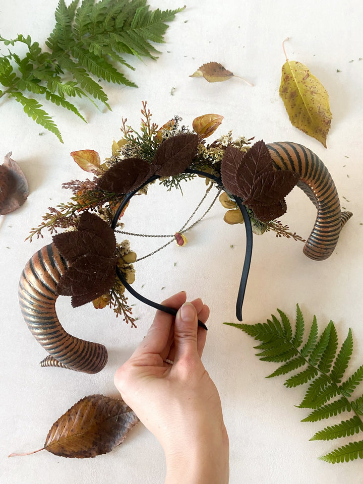 Burgundy and black crown with big horns: Halloween headpiece – handmade floral hair accessory by magaela