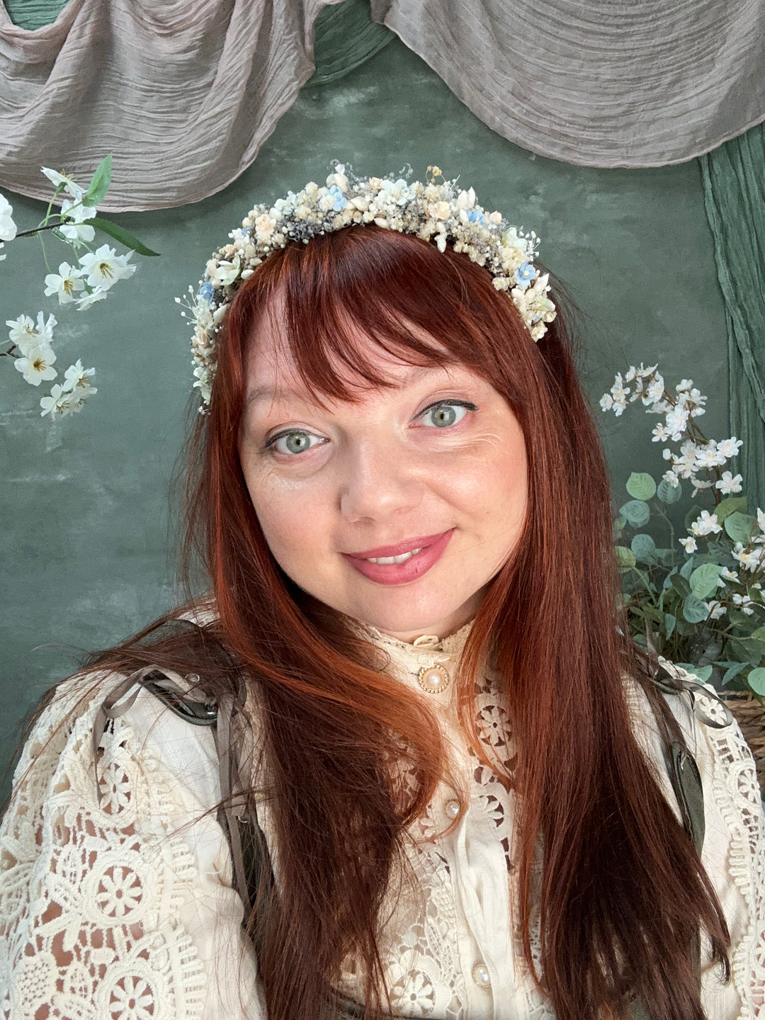 Floral Headband with Forget-Me-Nots and Gypsophila | Baby Blue, Peach and Ivory